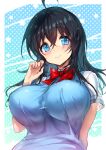  1girl ahoge black_hair blue_eyes blush bow bowtie breasts closed_mouth highres hisasi large_breasts long_hair looking_at_viewer netoge_no_yome_wa_onna_no_ko_janai_to_omotta? red_bow red_bowtie shirt sleeveless sleeveless_sweater solo sweater tamaki_ako upper_body white_shirt 
