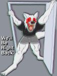 2023 absurd_res anthro big_nose black_clothing black_nose black_shirt black_topwear blood_tears canid canine canis claws clothing digital_media_(artwork) door doorway fangs fur grey_background grey_clothing grey_underwear hi_res male mammal markhor_(artist) meme open_mouth red_eyes screaming shirt simple_background solo tail teeth teeth_showing topwear underwear white_body white_fur wolf