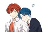  1girl arm_hug bad_id bad_pixiv_id bandaid bandaid_on_face blue_hair closed_eyes earrings gekkan_shoujo_nozaki-kun hair_between_eyes jewelry kashima_yuu leaning_on_person mery_(apfl0515) mikoshiba_mikoto red_eyes red_hair reverse_trap short_hair simple_background sweatdrop sweater_vest tearing_up white_background 