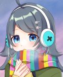  1girl black_hair blue_eyes blush breath hair_ornament hairclip hands_on_own_chest headphones inohara_koboshi long_hair long_sleeves looking_at_viewer ongeki open_mouth own_hands_together scarf solo striped striped_scarf u_amy1207 upper_body 