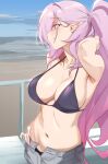  1girl alternate_costume alternate_hairstyle armpits beach bikini black_bikini blue_eyes breasts elysia_(honkai_impact) hand_on_own_hip highres honkai_(series) honkai_impact_3rd large_breasts long_hair multicolored_eyes navel pink_hair pointy_ears ponytail saki_(remainaddd) smile solo swimsuit 