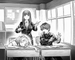  1boy 2girls :3 cellphone classroom closed_eyes desk fern_(sousou_no_frieren) frieren gakuran greyscale highres holding holding_phone indoors long_hair long_sleeves monochrome multiple_girls open_mouth phone pointy_ears school_uniform serafuku sleeping smartphone smile sousou_no_frieren stark_(sousou_no_frieren) teacher twintails zero808w 