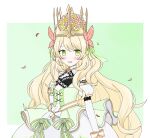  0drayveer8rlihn 1girl blonde_hair bow butterfly_hair_ornament celine_(fire_emblem) cross-laced_clothes cross-laced_dress crown dress dress_bow fire_emblem fire_emblem_engage green_eyes hair_ornament highres looking_at_viewer open_mouth orange_bow orange_gemstone orange_wristband princess solo wrist_bow yellow_dress 