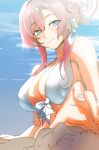  1girl alternate_costume alternate_hairstyle bikini blue_archive blue_eyes breasts hair_bun hair_ornament halo highres large_breasts long_hair looking_at_viewer mika_(blue_archive) multicolored_eyes pink_hair pink_halo saki_(remainaddd) smile swimsuit white_bikini 