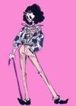  1boy afro black_hair blush brook_(one_piece) cane commentary english_commentary eyelashes eyewear_on_head floral_print full_body hand_in_pocket holding holding_cane male_focus one_piece pants pink_background shirt shoes skeleton smile solo wigglesthetuff 