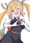  1girl absurdres ascot black_dress blonde_hair blush breasts cowboy_shot dragon_girl dragon_horns dragon_tail dress elbow_gloves fang gloves gradient_hair hair_between_eyes heart heart_hands highres horns kobayashi-san_chi_no_maidragon large_breasts long_hair looking_at_viewer maid maid_headdress multicolored_hair necktie one_eye_closed open_mouth orange_eyes orange_hair pinafore_dress puffy_short_sleeves puffy_sleeves red_ascot red_eyes red_necktie scales shirt short_sleeves simple_background sleeveless sleeveless_dress slit_pupils smile solo standing tail tohru_(maidragon) twintails very_long_hair white_background white_gloves white_gorilla_(okamoto) white_shirt 