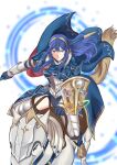  1girl absurdres armor blue_eyes blue_gloves blue_hair breastplate cape fire_emblem fire_emblem_awakening fire_emblem_heroes gloves hair_between_eyes highres holding holding_shield holding_weapon horse horseback_riding kinako_5108 long_hair looking_at_viewer lucina_(fate&#039;s_resolve)_(fire_emblem) lucina_(fire_emblem) official_alternate_costume parted_lips riding shield shoulder_armor symbol_in_eye thighs weapon 