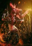  cosplay crop_top gloves hair_over_one_eye katarina_du_couteau league_of_legends long_hair looking_at_viewer midriff navel red_hair solo 