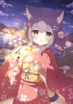  1girl animal_ears beach blurry blurry_background cat_ears cat_girl cat_tail commission green_eyes hair_ornament highres holding_fireworks japanese_clothes kimono original purple_hair red_kimono sash skeb_commission smile tail tyakomes 