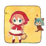  2boys animal_costume animal_ears aqua_hair ayu_(mog) bad_id bad_pixiv_id basket big_bad_wolf big_bad_wolf_(cosplay) big_bad_wolf_(grimm) blue_eyes cosplay crossdressing eighth_note fang flower grass grimm's_fairy_tales hood inazuma_eleven_(series) inazuma_eleven_go kariya_masaki kirino_ranmaru little_red_riding_hood little_red_riding_hood_(grimm) little_red_riding_hood_(grimm)_(cosplay) long_hair lowres male_focus multiple_boys musical_note open_mouth pink_hair sun twintails wolf_costume wolf_ears yellow_background yellow_eyes 