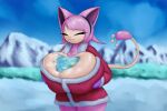 absurd_res anthro between_breasts blue_body breasts christmas christmas_clothing clothing duo female generation_3_pokemon generation_4_pokemon hair hi_res holidays male male/female mountain nintendo outside pink_body pink_hair pokemon pokemon_(species) remnartx shinx skitty snow steam tan_body