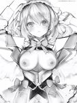  1girl absurdres arms_up belt blush bow bowtie breasts feathered_wings greyscale hair_between_eyes highres looking_at_viewer medium_breasts monochrome nanase_eru nanashi_(nlo) nipples parted_lips simple_background sketch solo upper_body varium virtual_youtuber wings 