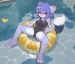 2023 3_toes anthro blush breasts camel_toe canid canine claws clothing countershading crayon_(artist) digital_media_(artwork) dipstick_tail feet female female_anthro fox fur hair hi_res high-angle_view inflatable inner_tube kemono looking_at_viewer mammal markings multicolored_body multicolored_fur one-piece_swimsuit partially_submerged paws purple_body purple_eyes purple_fur purple_hair solo spread_legs spreading swimming_pool swimwear tail tail_markings tight_clothing toe_claws toeless_(marking) toes two_tone_body two_tone_fur water white_body white_fur