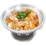  bowl chicken_(food) food food_focus meat no_humans original oyakodon_(food) rice steam still_life uroyama_(macrophage) white_background 