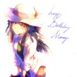 1girl air_(visual_novel) alternate_costume black_hair blue_ribbon blunt_ends bow casual character_name closed_mouth commentary_request h_sueun hair_ribbon happy_birthday hat hat_bow light_blush long_hair long_sleeves looking_at_viewer red_eyes ribbon shirt simple_background smile solo split_mouth straight_hair toono_minagi upper_body v_arms white_background white_headwear white_shirt 
