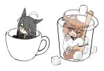  2girls agnes_tachyon_(umamusume) ahoge animal_ears black_hair black_suit blush brown_eyes chibi coat commentary_request cup ear_tag hair_between_eyes holding holding_spoon horse_ears horse_girl horse_tail in_container in_cup lab_coat long_hair looking_at_viewer manhattan_cafe_(umamusume) mini_person multiple_girls neckerchief ohagi_0909 open_mouth short_hair simple_background sketch smile spoon sugar_cube suit tail umamusume white_background white_coat yellow_eyes yellow_neckerchief 