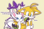 anthro bandai_namco blue_eyes canid canine claws clothing crossover dialogue digimon digimon_(species) duo english_text felid feline female fox fur gatomon gloves handwear male mammal miles_prower miracletails open_mouth sega simple_background sonic_the_hedgehog_(series) tail text white_body white_fur yellow_body yellow_fur