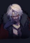  1other ah_yoshimizu alternate_universe black_background black_fur black_gloves claws commentary corruption cosplay cropped_torso dark_persona evil_grin evil_smile facial_mark final_fantasy final_fantasy_viii forehead_mark fur_trim gloves glowing glowing_eyes grey_hair grin half-closed_eyes hand_on_own_face highres jacket jewelry long_sleeves necklace open_clothes open_jacket possessed red_jacket scar scar_on_face short_hair smile spotlight squall_leonhart ultimecia ultimecia_(cosplay) upper_body yellow_eyes 