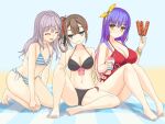  3girls :d ^_^ bare_arms barefoot beach bikini black_bikini blanket blue_hair blue_nails blunt_bangs blush bracelet breasts brown_hair center-flap_bangs cleavage closed_eyes closed_mouth collarbone commentary_request curvy day eyelashes facing_away food front-tie_bikini_top front-tie_top frown full_body gradient_hair green_eyes grey_hair grin gyaru hair_ornament hairclip halterneck hands_up head_tilt jewelry jitome kinoshita_kaede knee_up kneeling knees_up kogal kohibari_kurumi large_breasts leaning_forward legs_together long_hair looking_at_another looking_to_the_side medium_breasts medium_hair multicolored_hair multiple_girls nail_polish official_alternate_costume official_alternate_hairstyle one-piece_swimsuit open_mouth orange_hair outdoors pink_hair pink_nails pink_ribbon purple_nails red_one-piece_swimsuit ribbon sausage shaved_ice shiraishi_chika shirayamakoma side-by-side side-tie_bikini_bottom side_ponytail simple_background sitting small_breasts smile striped striped_bikini sweatdrop swimsuit tenshi_souzou_re-boot! thighs tiptoes toenail_polish toenails two-tone_hair very_long_hair yellow_eyes yellow_nails 