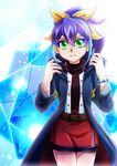  bike_shorts blue_hair bow bracelet green_eyes hair_bow jacket jewelry looking_at_viewer multicolored_hair ponytail ribbon serena_(yuu-gi-ou_arc-v) solo two-tone_hair utage-kai yuu-gi-ou yuu-gi-ou_arc-v 