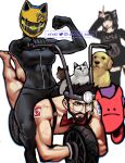  1boy 2girls animal_ears ayaki_d beard black_hair black_jacket black_pants black_shirt black_thighhighs bow bowtie breasts cat cat_ear_helmet cat_ears commentary detached_collar dog english_commentary facial_hair flexing glasses headphones helmet highres jacket loser_gesture medium_breasts multiple_girls original pants red_bow red_bowtie round_eyewear shirt sticker suspenders thighhighs toned tongue tongue_out uno_(game) wheel 