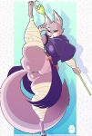 anthro belt belt_pouch big_breasts breasts canid canine clothed clothing corsac_fox ear_piercing female fox fur genitals grey_body grey_eyes grey_fur hi_res looking_at_viewer mammal piercing princedragonsfw pubes purple_clothing raised_leg smile solo staff tail wrappings zhen_(kung_fu_panda)