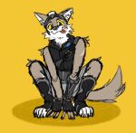 all_fours anthro athletic athletic_anthro athletic_male biped canid canine canis epic_games fortnite hi_res looking_at_viewer male mammal simple_background sitting sketchy solo tongue tongue_out vanraaz2 wendell_(fortnite) wolf yellow_background yellow_sclera