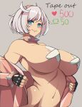  1girl absurdres ahoge bare_shoulders black_gloves blue_eyes blush bracelet breasts closed_mouth collar commentary elphelt_valentine english_commentary english_text fingerless_gloves gloves grey_background guilty_gear guilty_gear_strive hairband highres huge_ahoge huge_breasts jacket jewelry like_and_retweet lixiart long_sleeves looking_at_viewer meme navel pink_hairband pink_jacket ringed_eyes short_hair simple_background smile spiked_bracelet spiked_collar spiked_hairband spikes studded_gloves twitter_strip_game_(meme) upper_body variant_set white_hair 