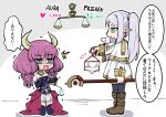  2girls absurdres aura_(sousou_no_frieren) aura_bullying_(meme) balance_scale bare_shoulders bikini blush_stickers boots braid check_translation chibi demon_girl demon_horns elbow_gloves elf frieren gloves green_eyes heart heart-shaped_pupils highres holding holding_staff horns kneeling like_and_retweet long_hair meme micro_bikini multiple_girls nakatokung open_mouth pantyhose pointy_ears purple_hair skirt sousou_no_frieren staff standing swimsuit swimsuit_hanger symbol-shaped_pupils tears translation_request twintails weighing_scale white_hair zettai_ryouiki 