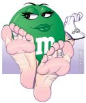 5_toes candy dessert digit_ring feet female food food_creature foot_focus hi_res humanoid_feet jewelry living_candy m&amp;m&#039;s mars_incorporated ms._green_(m_m) narrowed_eyes not_furry plantigrade ring scott_blair signature simple_background soles solo toe_ring toes waddling_head