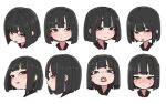  1girl :p black_eyes black_hair blush bob_cut expressionless expressions eyeliner fang highres kani_onigiri_(shottare) looking_at_viewer makeup multiple_views open_mouth original profile sharp_teeth short_eyebrows short_hair simple_background sketch smile sweatdrop teeth tongue tongue_out white_background 