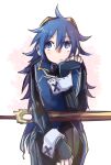  1girl blue_eyes blue_gloves blue_hair closed_mouth fingerless_gloves fire_emblem fire_emblem_awakening gloves hair_between_eyes long_hair long_sleeves lucina_(fire_emblem) sheath sheathed shippo3101 solo sword symbol_in_eye tiara weapon 