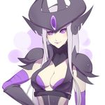  armor breasts cleavage ear_protection elbow_gloves forehead_protector gem gloves hand_on_hip helmet kumiko_shiba league_of_legends long_hair medium_breasts purple_eyes shoulder_pads silver_hair smile solo syndra 