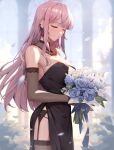  1girl absurdres bare_shoulders black_dress bouquet breasts cleavage closed_eyes cowboy_shot dress earrings elbow_gloves english_commentary falling_petals garter_straps gloves gum_shrew highres holding holding_bouquet hololive hololive_english jewelry large_breasts long_hair mori_calliope petals pink_hair smile solo standing strapless strapless_dress thighhighs virtual_youtuber 