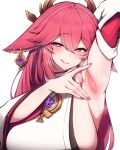  1girl :q animal_ears arm_behind_head armpit_focus armpits blush breasts breath detached_sleeves earrings floppy_ears fox_ears genshin_impact hair_between_eyes hair_ornament heart heart-shaped_pupils highres jewelry large_breasts long_hair looking_at_viewer nail_polish naughty_face pink_hair pink_nails purple_eyes raised_eyebrows rikuguma shirt sideboob sleeveless sleeveless_shirt sleeveless_turtleneck smell solo spread_armpit steaming_body sweat symbol-shaped_pupils tongue tongue_out turtleneck upper_body very_long_hair white_background white_shirt wide_sleeves yae_miko 