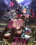  bad_id bad_pixiv_id bandolier banned_artist black_footwear boots breasts caitlyn_(league_of_legends) cleavage cross-laced_footwear jinx_(league_of_legends) lace-up_boots league_of_legends looking_at_viewer medium_breasts midriff multiple_girls parted_lips smile sunglasses vi_(league_of_legends) yazuwo 