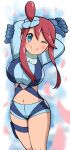  1girl arms_behind_head blue_eyes blue_gloves blue_shorts crop_top emapippi gloves hair_ornament highres long_hair looking_at_viewer midriff navel one_eye_closed one_side_up pokemon pokemon_bw red_hair short_hair_with_long_locks short_shorts shorts sidelocks skyla_(pokemon) smile solo stretching thigh_pouch 