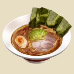  brown_background food food_focus fried_egg haruhi1281 highres meat no_humans noodles nori_(seaweed) original pork ramen simple_background still_life 