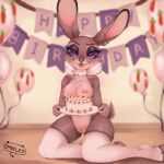 absurd_res anthro banner bedroom_eyes birthday birthday_cake bodily_fluids bow_(feature) breasts cake chest_tuft dessert disney dripping female food fur genital_fluids genitals grey_body grey_fur hi_res judy_hopps kneeling lagomorph leporid long_ears mammal narrowed_eyes ombelico purple_eyes pussy pussy_juice pussy_juice_drip rabbit seductive solo thigh_highs_only tuft zootopia