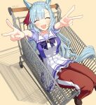  1girl absurdres animal_ears arms_up artist_name banpunsik blue_hair blush bow braid brown_footwear closed_eyes commentary_request crown_braid double_v ear_ornament facing_viewer highres horse_ears horse_girl horse_tail in_cart in_shopping_cart light_blue_hair loafers long_hair mejiro_ardan_(umamusume) open_mouth pants partial_commentary petticoat pleated_skirt puffy_short_sleeves puffy_sleeves purple_bow purple_shirt red_pants sailor_collar school_uniform shirt shoes shopping_cart short_sleeves simple_background skirt smile solo summer_uniform sweatpants tail tracen_school_uniform umamusume v white_skirt yellow_background 