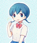  alternate_hairstyle ayu_(mog) bad_id bad_pixiv_id blue_background blue_eyes blue_hair blue_skirt braid inazuma_eleven_(series) inazuma_eleven_go looking_at_viewer no_pupils open_mouth pleated_skirt polka_dot polka_dot_background raimon raimon_school_uniform school_uniform short_hair skirt solo sorano_aoi twin_braids upper_body white_background 