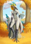 anthro antlers blonde_hair breasts cloudscape digitigrade dragon female floating_island genitals grass grey_nipples hair hi_res horn light_dragon_(totk) nintendo nipples nude plant pussy rock scales sky sky_island smile solo spiked_tail spikes spikes_(anatomy) spotty.cat tail tears_of_the_kingdom the_legend_of_zelda tree white_body white_scales yellow_grass