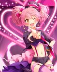  ;d bad_id bad_pixiv_id bow gals_rock_ambivalence hair_bow hat heart highres idolmaster idolmaster_cinderella_girls jougasaki_mika long_hair navel one_eye_closed open_mouth pink_hair restaint smile solo suspenders sweat thighhighs twintails yellow_eyes 