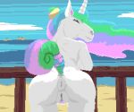 accessory anthro anus beach bent_over braided braided_tail breasts clitoris cloud equid equine eyes_closed female fence flowing_hair friendship_is_magic fur genitals hair hair_accessory hasbro horn humanoid island loose_noose mammal my_little_pony palm_tree plant princess_celestia_(mlp) sand sea seaside sky smile solo thigh_gap tree unicorn water white_body white_fur