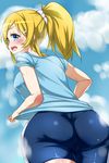  ass ayase_eli bike_shorts blonde_hair blue_eyes blush breasts from_behind hair_ornament hairclip heavy_breathing long_hair looking_back love_live!_school_idol_project open_mouth ponytail raiden_(artist) scrunchie shiny shiny_clothes sideboob solo sweat tongue 