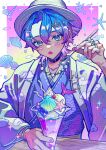 1boy :o blue_eyes blue_hair blue_kimono border collar commentary facial_mark fins fish fish_tail food gradient_background gradient_hair hair_ornament haru4aki hat highres holding holding_spoon ice_cream japanese_clothes jewelry kimono long_sleeves looking_at_viewer male_focus multicolored_hair multiple_rings necklace open_mouth original parfait pearl_necklace pink_background pink_hair pink_nails ring seashell seigaiha shell solo spoon star_(symbol) star_hair_ornament starfish straw_hat symbol-only_commentary table tail upper_body yellow_background yukata 