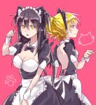  2girls animal_ear_fluff animal_ears apron black_hair blonde_hair breasts brown_eyes cat_ears cat_girl cat_tail cleavage closed_mouth commentary_request fake_animal_ears fake_tail frilled_apron frills gokusai_kaibi hair_between_eyes large_breasts long_hair maid maid_apron maid_headdress medium_breasts multiple_girls natsuya_(dtc5kk5) open_mouth paw_pose pink_background smile tail toaru_kagaku_no_railgun toaru_majutsu_no_index waist_apron white_apron yellow_eyes yumiya_rakko 