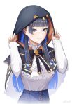  1girl alternate_costume black_hair black_ribbon blue_eyes blue_hair colored_inner_hair denim highres hololive hololive_english hood jeans lace_collar multicolored_hair official_alternate_costume ouro_kronii ouro_kronii_(3rd_costume) pants ribbon shirt_tucked_in zenya 