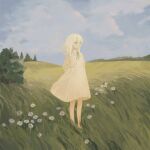  1girl album_cover arms_behind_back barefoot blue_eyes blue_sky chisato_charme cloud cloudy_sky collared_dress commentary cover day dress empire_waist field floating_hair flower green_ribbon highres long_hair long_sleeves looking_ahead neck_ribbon original outdoors puffy_long_sleeves puffy_sleeves ribbon sky solo standing symbol-only_commentary white_dress white_flower white_hair wide_shot wind 
