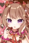  1girl blush bow brown_hair candy character_request chocolate choker earrings food frilled_choker frills hair_bow hair_ribbon heart heart-shaped_chocolate highres holding holding_chocolate holding_food jewelry long_hair looking_at_viewer ongeki open_mouth pink_background purple_eyes ribbon saotome_ayaka solo strapless u_amy1207 upper_body valentine wrist_cuffs 